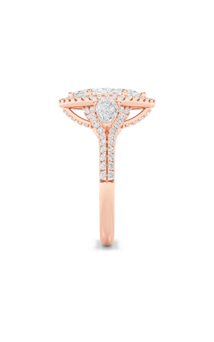 3Cttw Marquise Shaped Lab Grown Diamond (F/VS) Three Stone Bold Accented Engagement Ring in 14K Gold