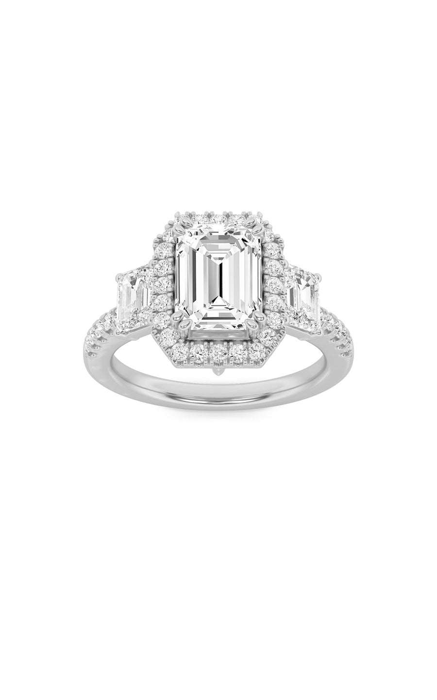 3Cttw Emerald Shaped Lab Grown Diamond (G/VS) Three Stone Accented Engagement Ring in 14K Gold