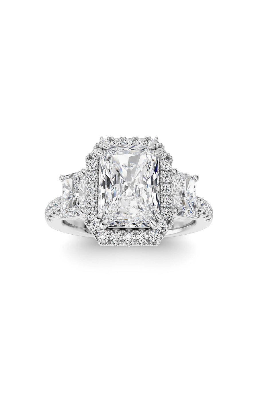 3Cttw Radiant Shaped Lab Grown Diamond (F/VS) Accented Three Stone Ring in 14K Gold