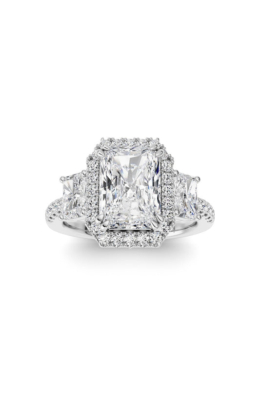 3CTW Radiant Shaped Lab Grown Diamond (F/VS) Accented Three Stone Ring in 14K Gold