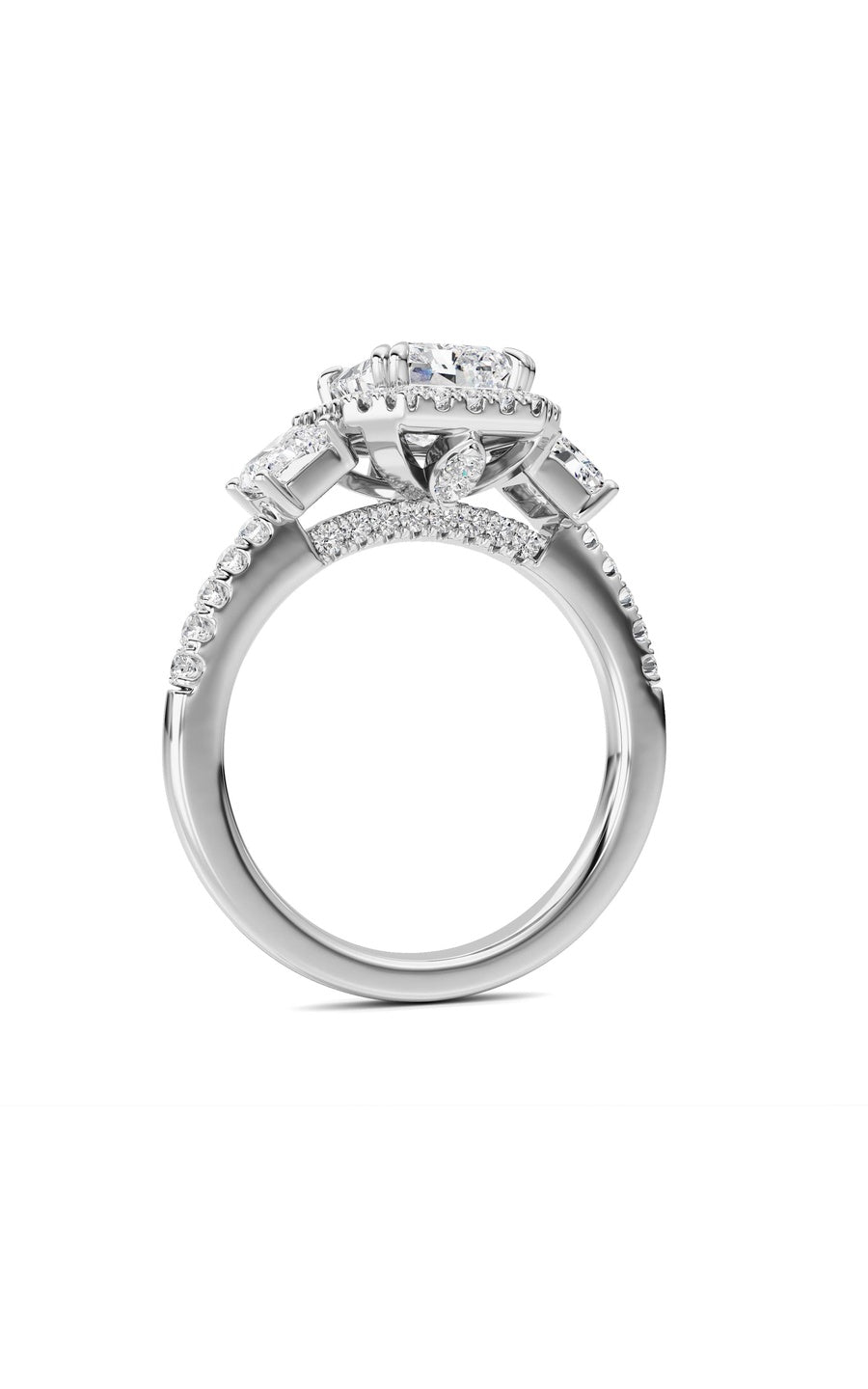 3Cttw Radiant Shaped Lab Grown Diamond (F/VS) Accented Three Stone Ring in 14K Gold
