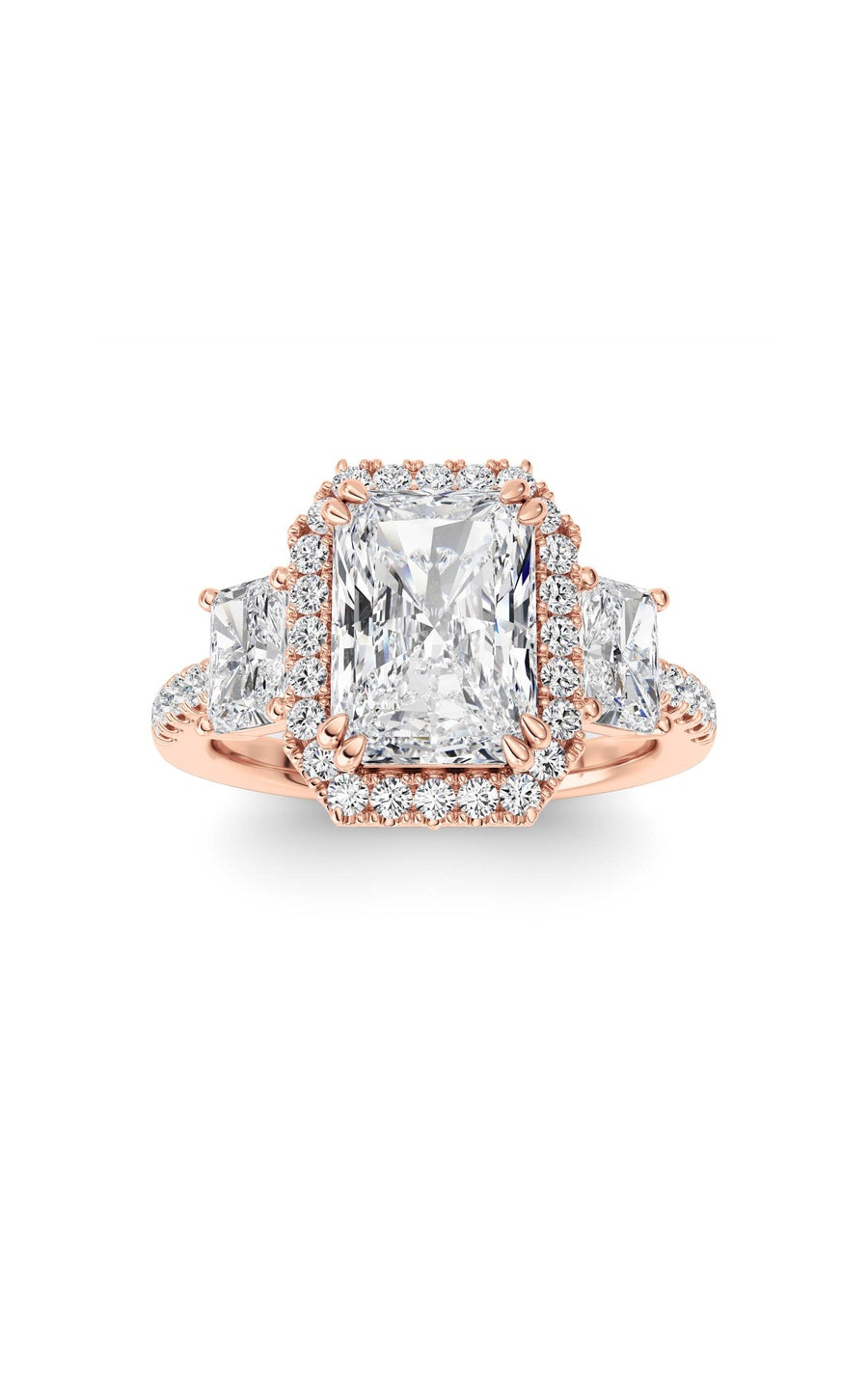 3Cttw Radiant Shaped Lab Grown Diamond (F/VS) Accented Three Stone Ring in 14K Gold