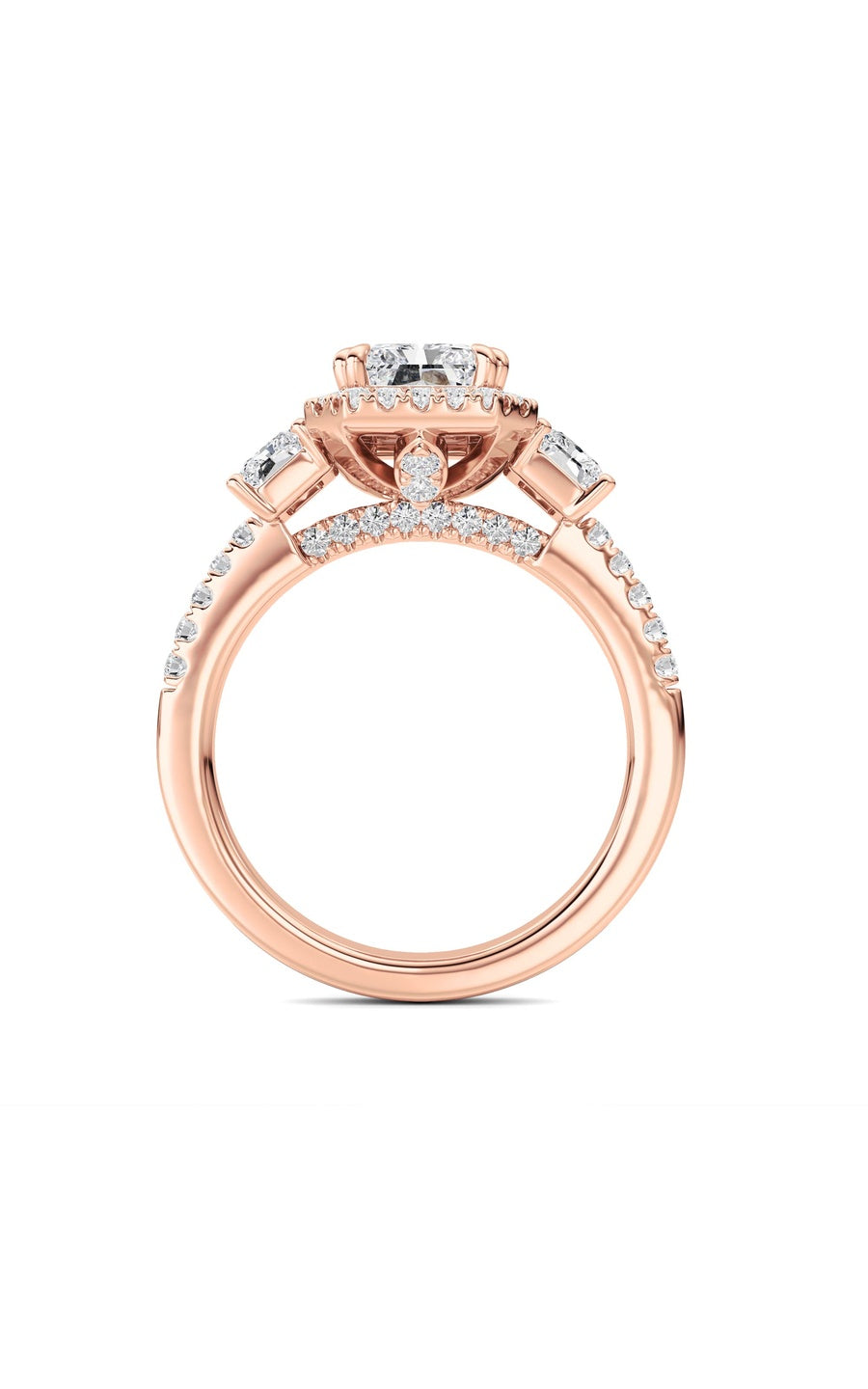 3Cttw Radiant Shaped Lab Grown Diamond (F/VS) Accented Three Stone Ring in 14K Gold