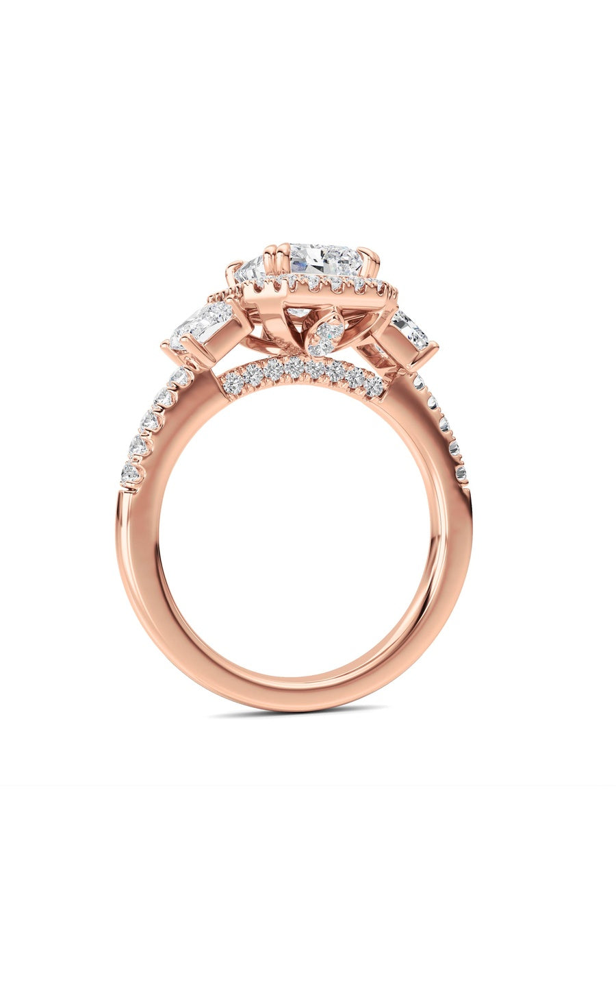 3Cttw Radiant Shaped Lab Grown Diamond (F/VS) Accented Three Stone Ring in 14K Gold
