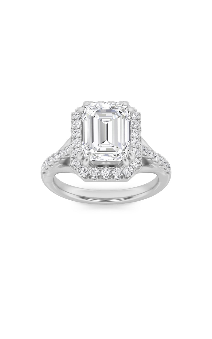 3Cttw Emerald Shaped Lab Grown Diamond (F/VS) HaloAccented Engagement Ring in 14K Gold