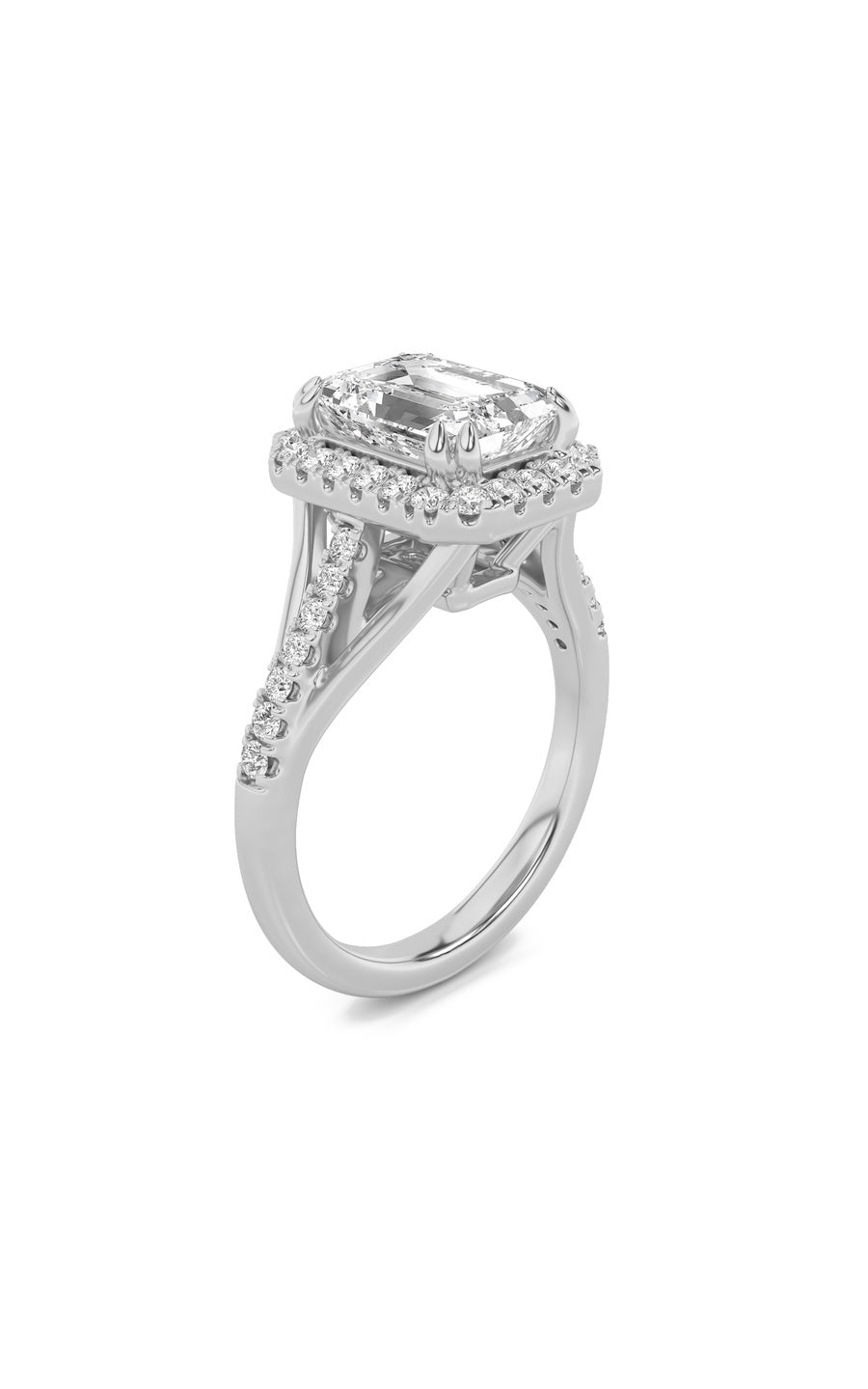 3Cttw Emerald Shaped Lab Grown Diamond (F/VS) HaloAccented Engagement Ring in 14K Gold