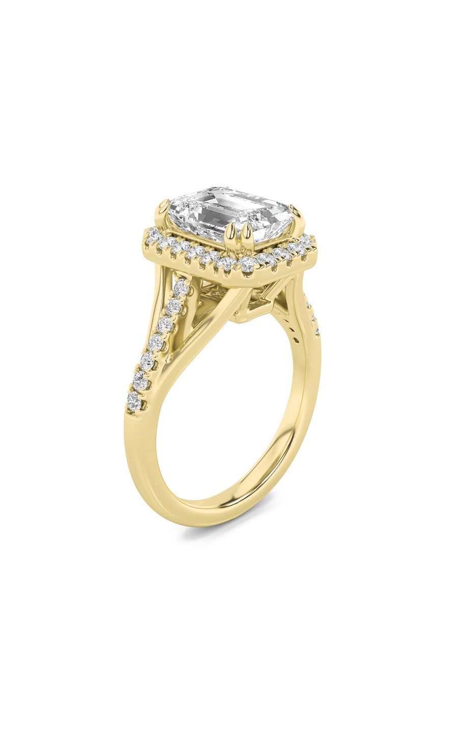 3Cttw Emerald Shaped Lab Grown Diamond (F/VS) HaloAccented Engagement Ring in 14K Gold