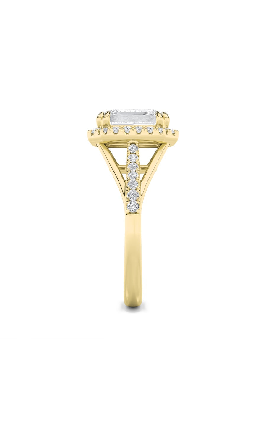 3Cttw Emerald Shaped Lab Grown Diamond (F/VS) HaloAccented Engagement Ring in 14K Gold