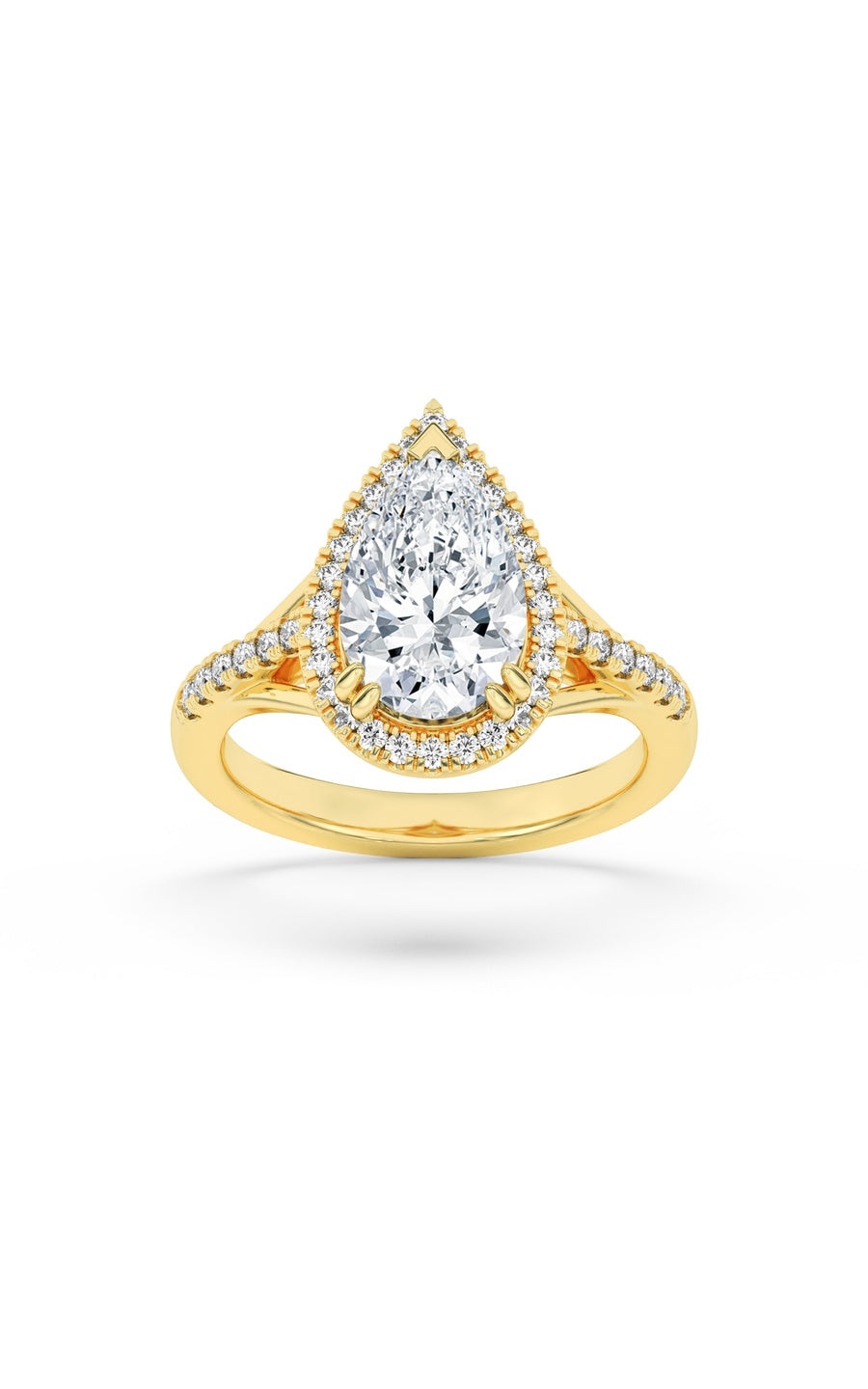 3Cttw Pear Shaped Lab Grown Diamond (F/VS) Halo Accented Engagement Ring in 14K Gold