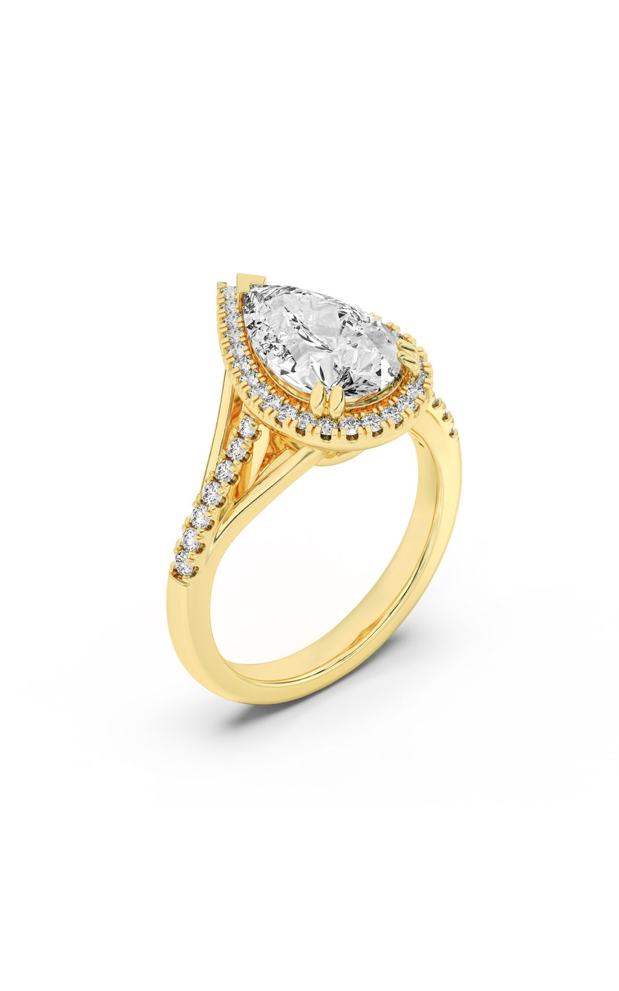 3Cttw Pear Shaped Lab Grown Diamond (F/VS) Halo Accented Engagement Ring in 14K Gold