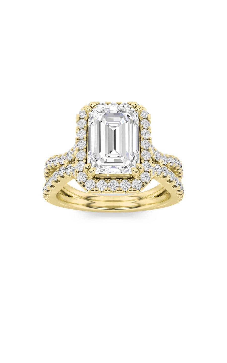4Cttw Emerald Shaped Lab Grown Diamond (F/VS) Split Shank Halo Engagement Ring in 14K Gold