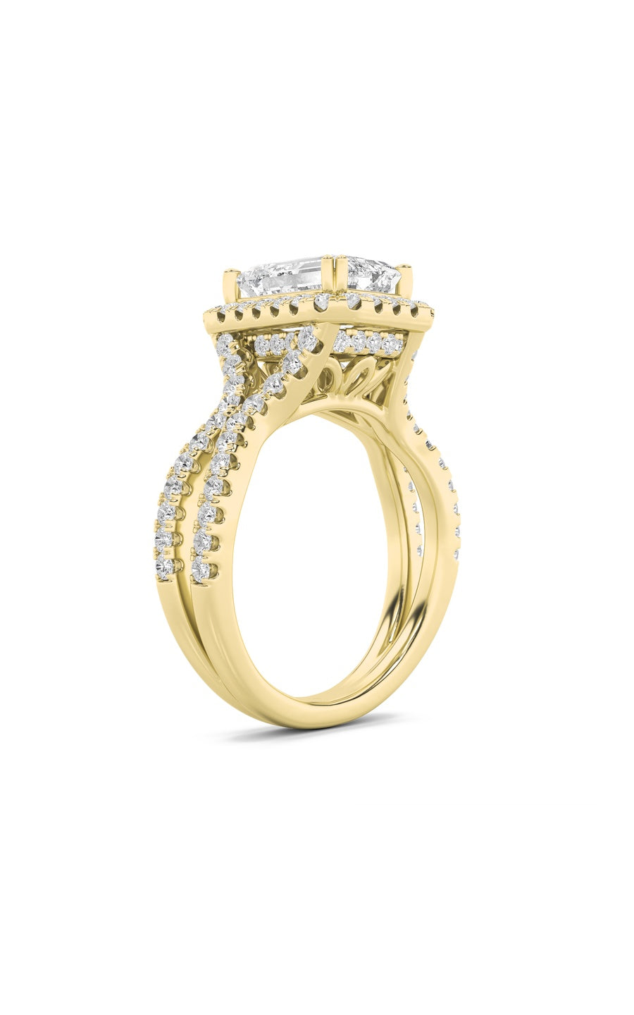 4Cttw Emerald Shaped Lab Grown Diamond (F/VS) Split Shank Halo Engagement Ring in 14K Gold
