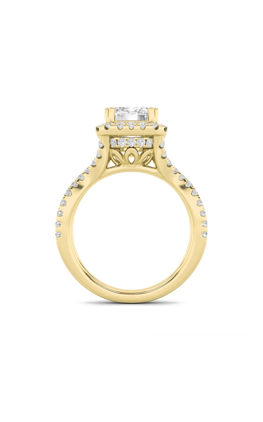 4Cttw Emerald Shaped Lab Grown Diamond (F/VS) Split Shank Halo Engagement Ring in 14K Gold