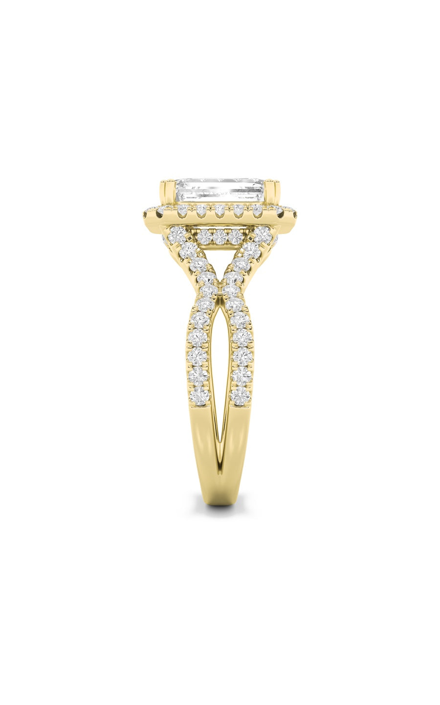 4Cttw Emerald Shaped Lab Grown Diamond (F/VS) Split Shank Halo Engagement Ring in 14K Gold