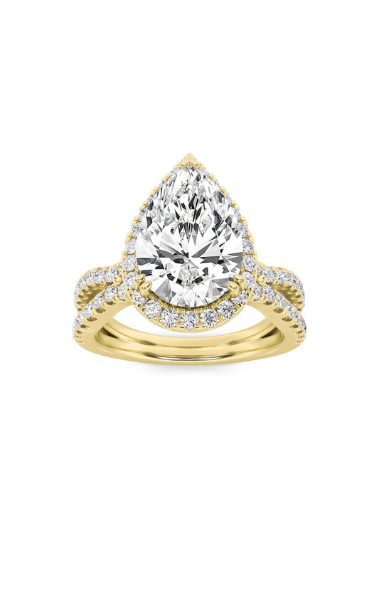 4Cttw Pear Shaped Lab Grown Diamond (F/VS) Split Shank Halo Engagement Ring in 14K Gold
