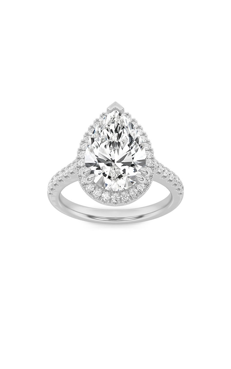 3Cttw Pear Shaped Lab Grown Diamond (F/VS) ClassicHalo Accented Engagement Ring in 14K Gold
