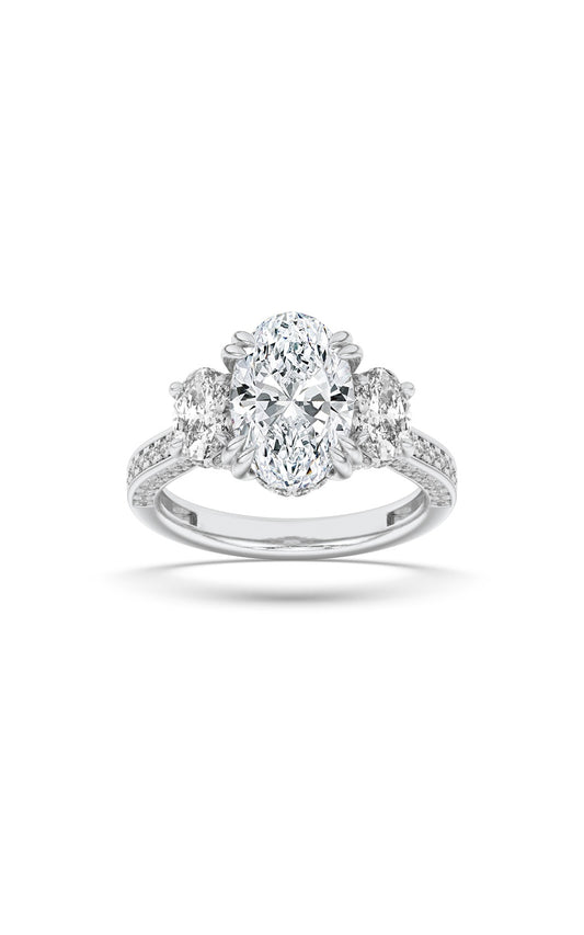 3Cttw Oval Shaped Lab Grown Diamond (F/VS) Three Stone Accented Engagement Ring in 14K Gold