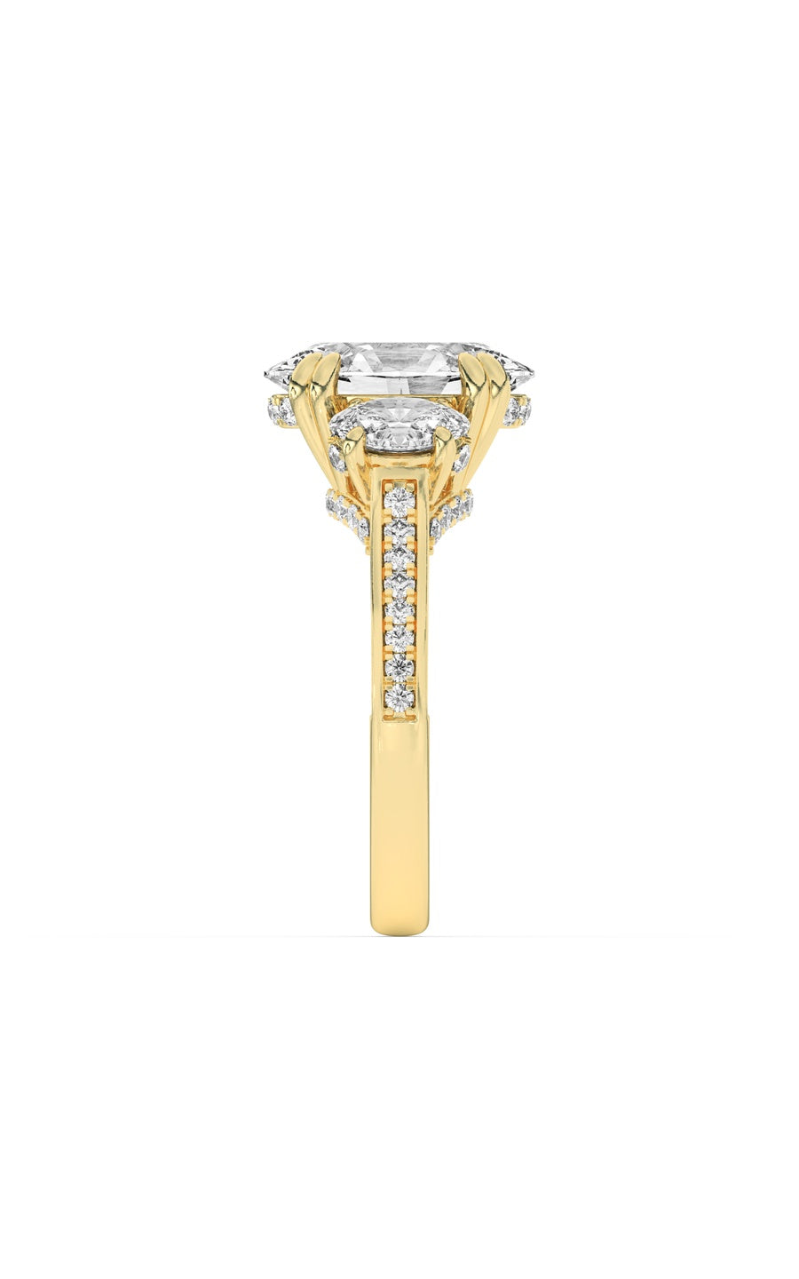 5Cttw Oval Shaped Lab Grown Diamond (F/VS) Three Stone Accented Engagement Ring in 14K Gold