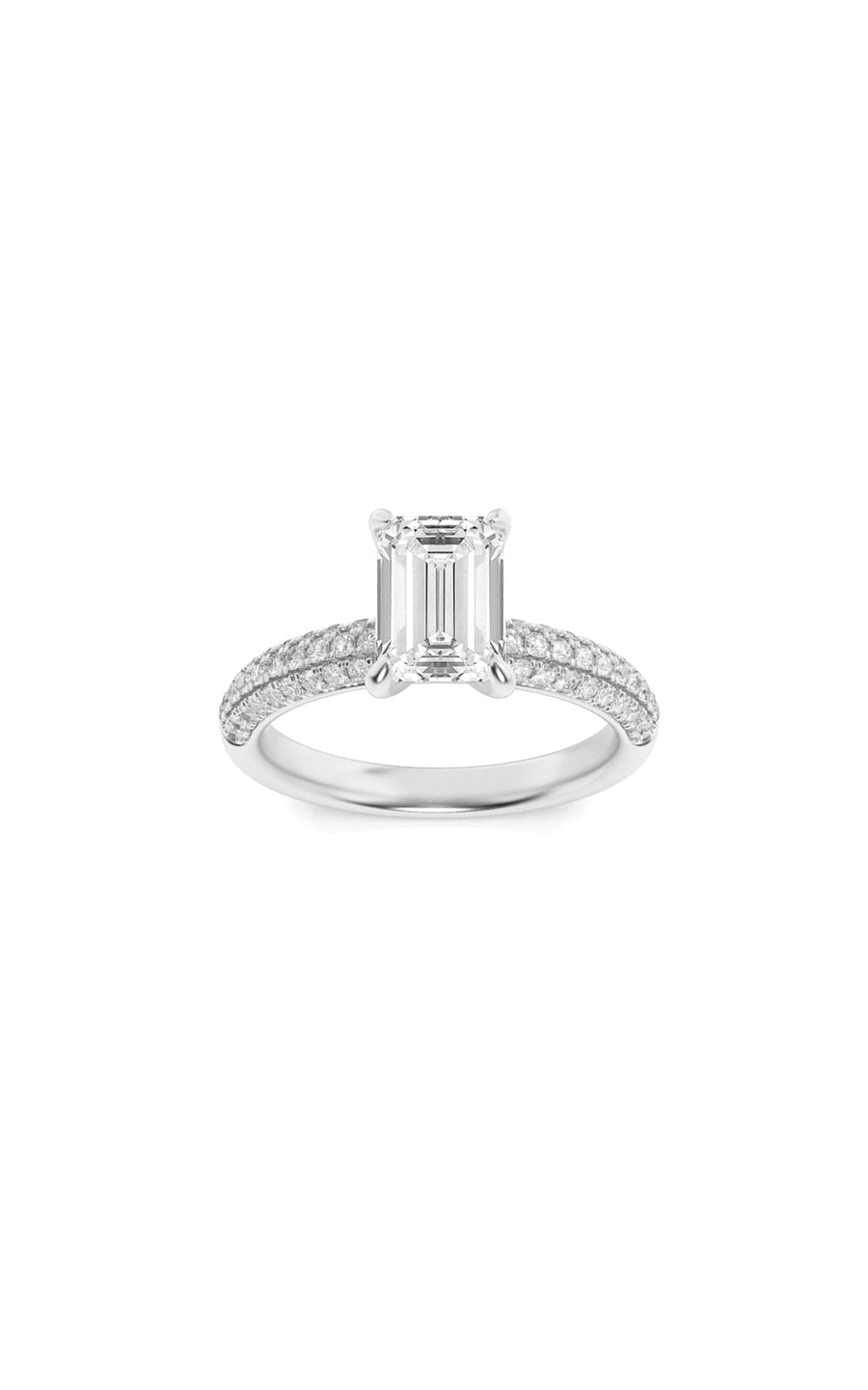 1.5Cttw Emerald Shaped Lab Grown Diamond (F/VS) Three Row Micro Pave Engagement Ring in 14K Gold