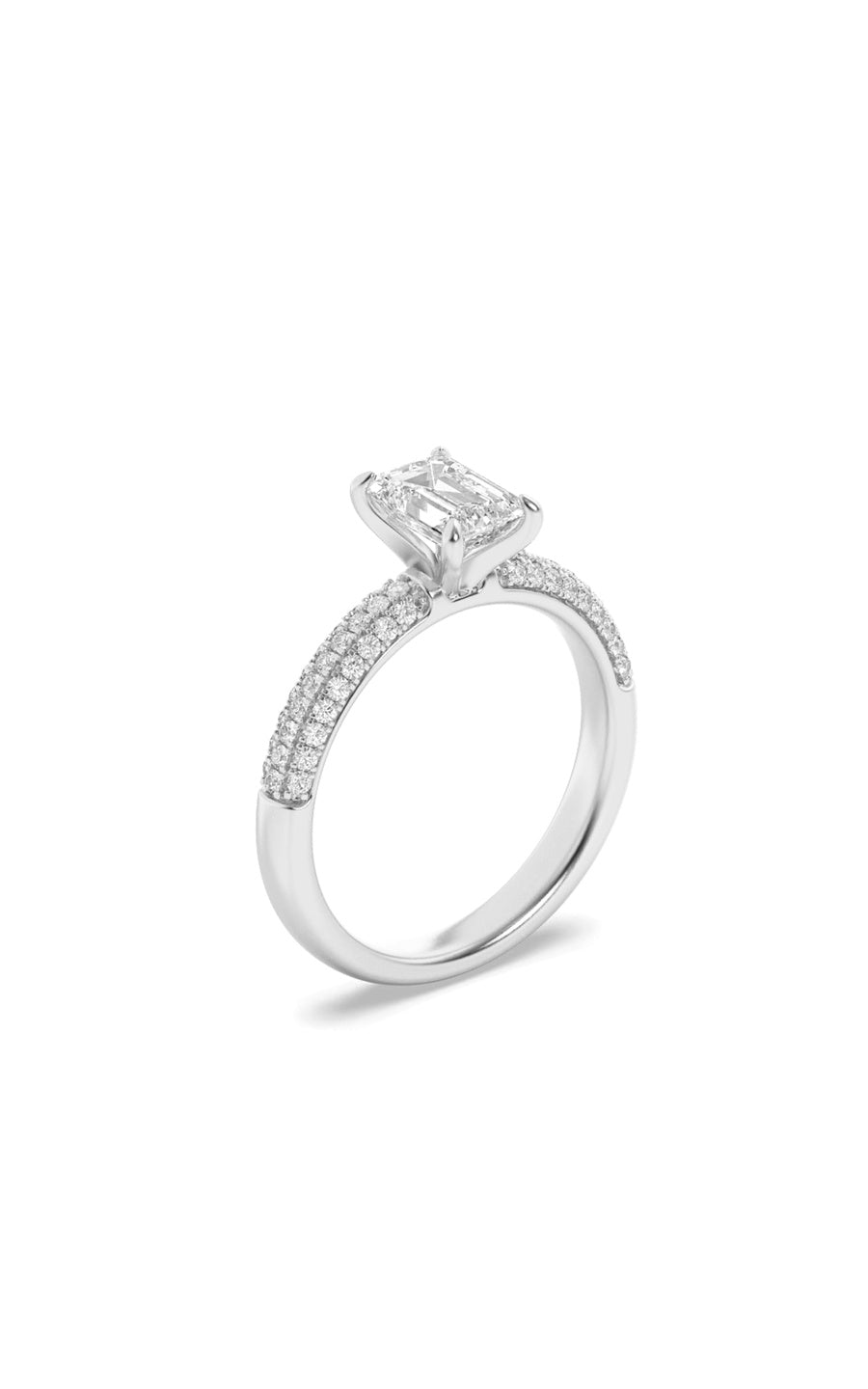 1.5Cttw Emerald Shaped Lab Grown Diamond (F/VS) Three Row Micro Pave Engagement Ring in 14K Gold
