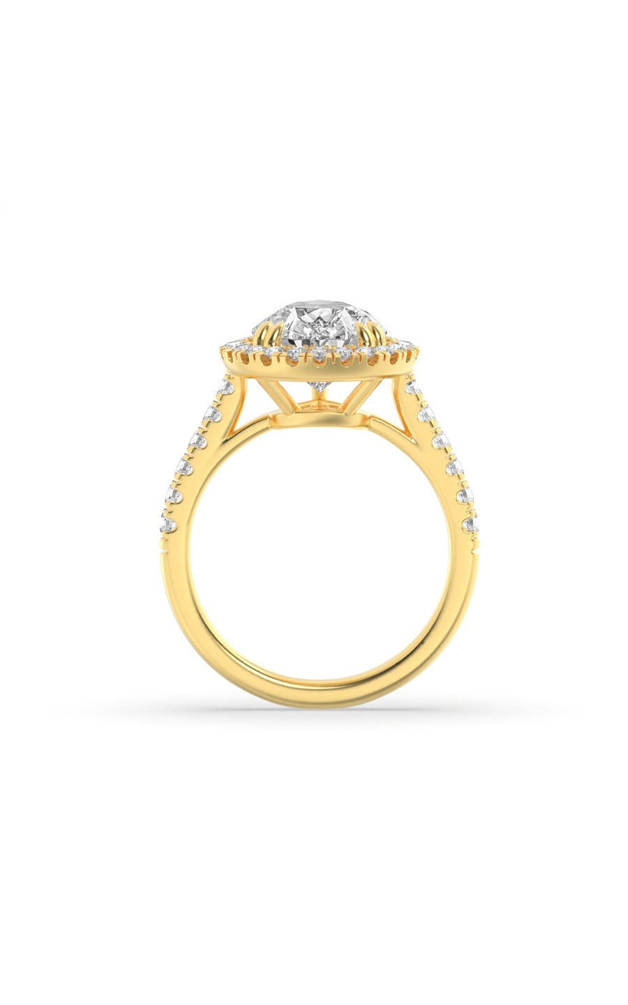 3Cttw Pear Shaped Lab Grown Diamond (F/VS) Bolld Accented Halo Engagement Ring in 14K Gold