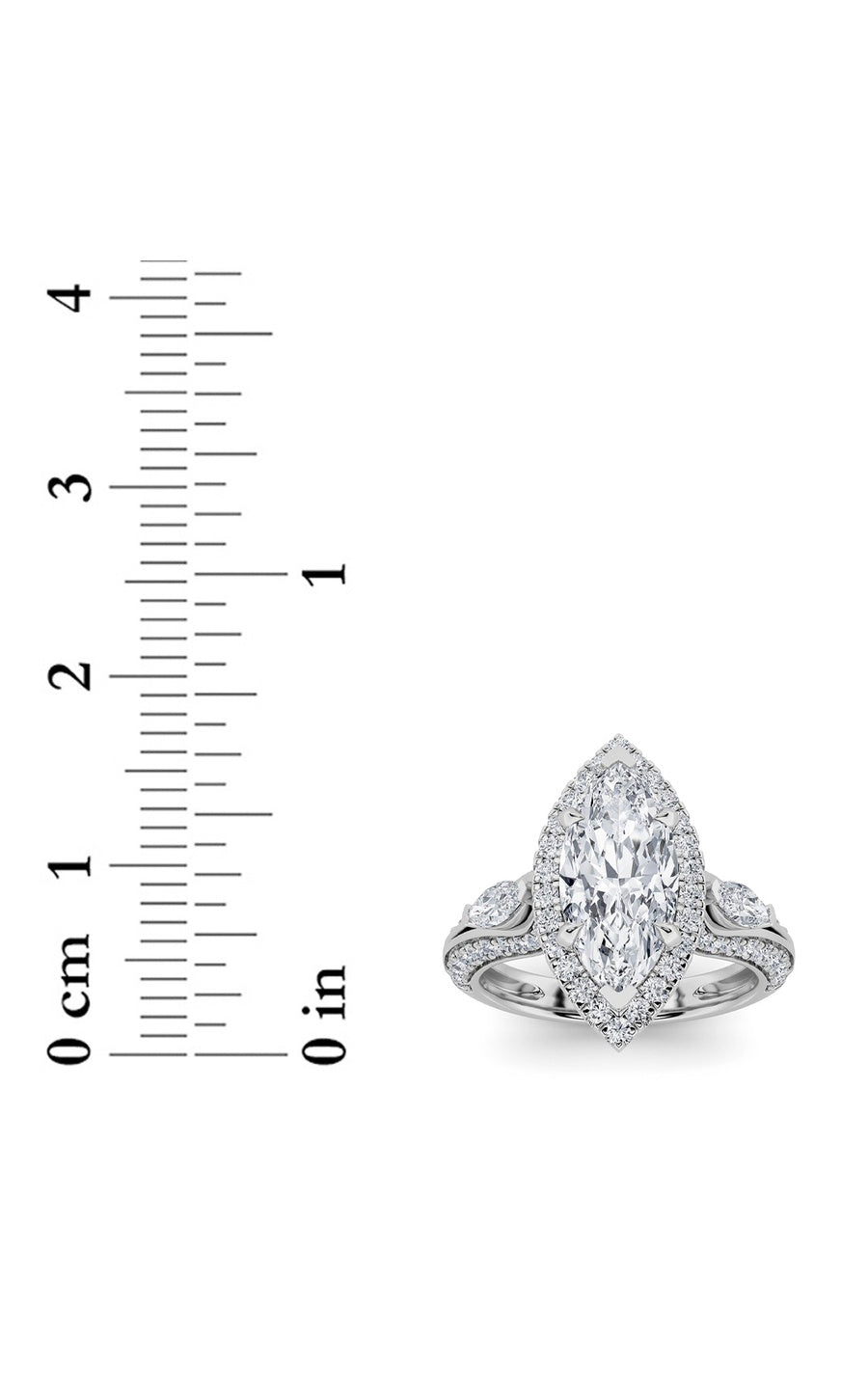 3Cttw Marquise Shaped Lab Grown Diamond (F/VS) Three Stone Halo Enagement Ring in 14K Gold