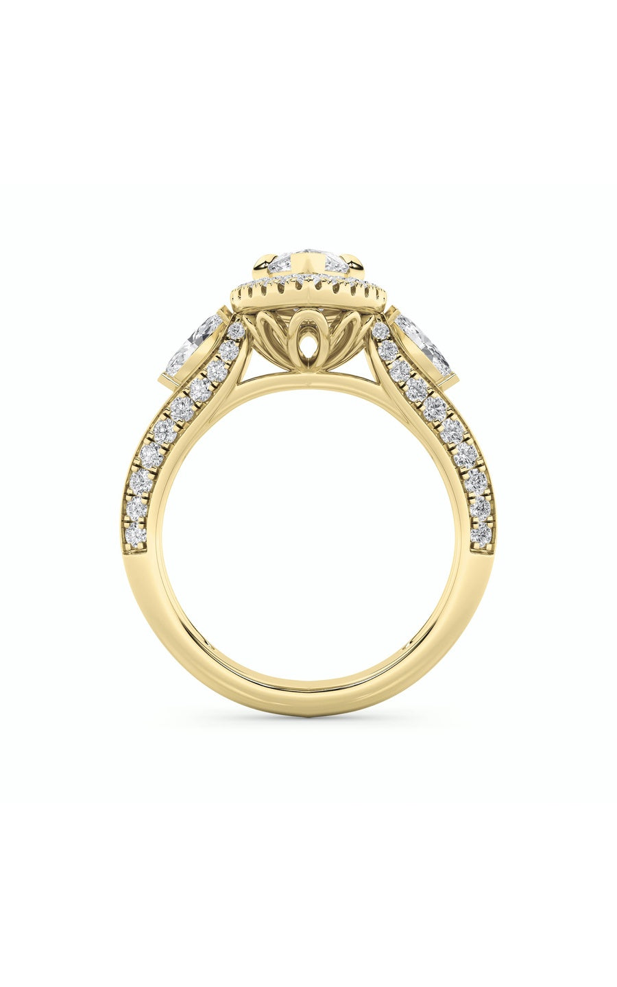 3Cttw Marquise Shaped Lab Grown Diamond (F/VS) Three Stone Halo Enagement Ring in 14K Gold