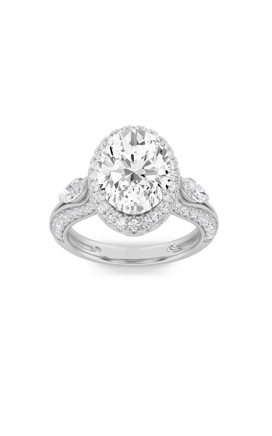 3Cttw Oval Shaped Lab Grown Diamond (F/VS) Three Stone Halo Enagement Ring in 14K Gold