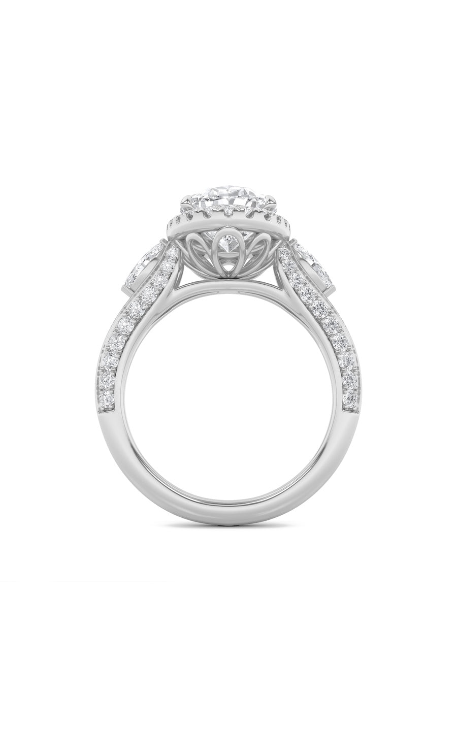 3Cttw Oval Shaped Lab Grown Diamond (F/VS) Three Stone Halo Enagement Ring in 14K Gold