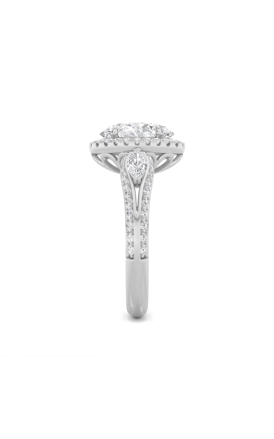 3Cttw Oval Shaped Lab Grown Diamond (F/VS) Three Stone Halo Enagement Ring in 14K Gold