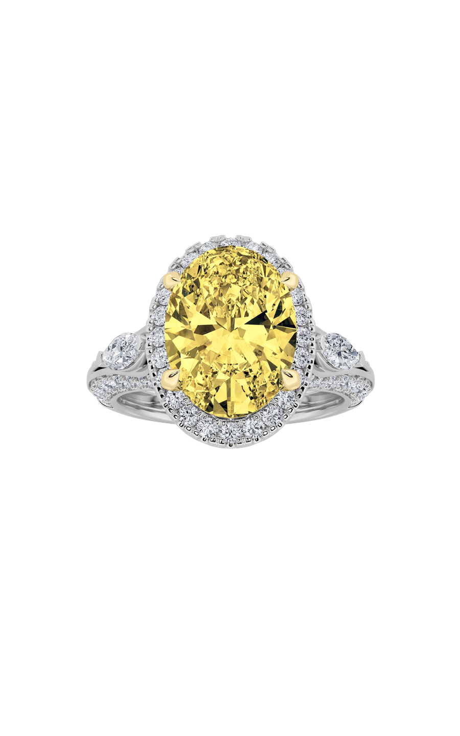 3Cttw Oval Shaped Lab Grown Diamond (F/VS) Three Stone Halo Enagement Ring in 14K Gold