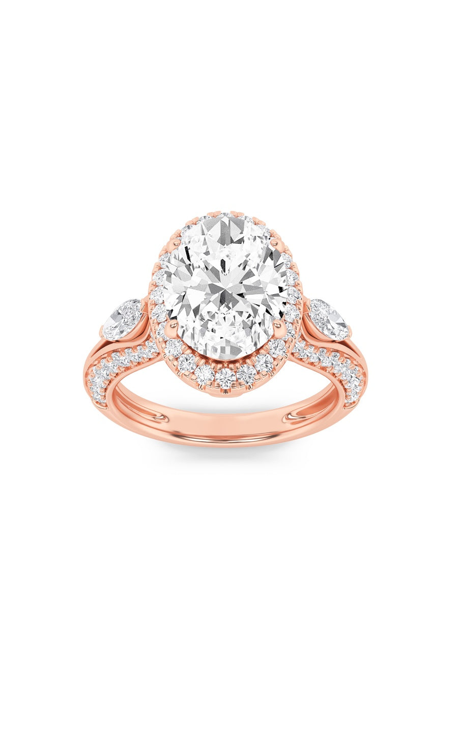 3Cttw Oval Shaped Lab Grown Diamond (F/VS) Three Stone Halo Enagement Ring in 14K Gold