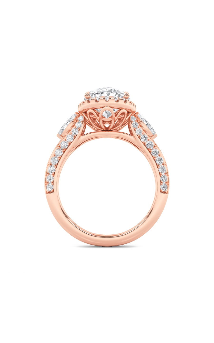 3Cttw Oval Shaped Lab Grown Diamond (F/VS) Three Stone Halo Enagement Ring in 14K Gold