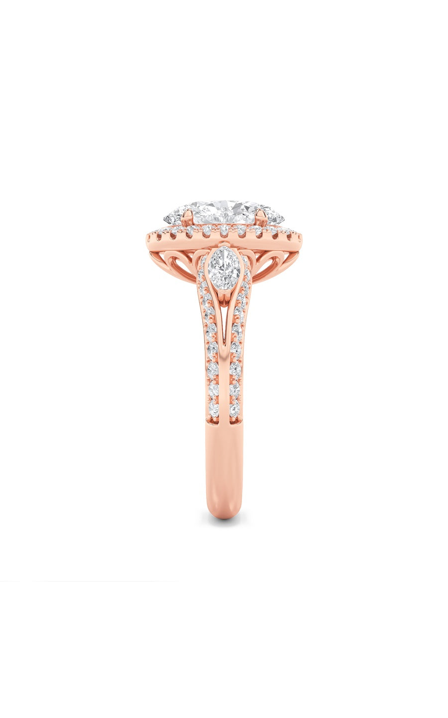3Cttw Oval Shaped Lab Grown Diamond (F/VS) Three Stone Halo Enagement Ring in 14K Gold