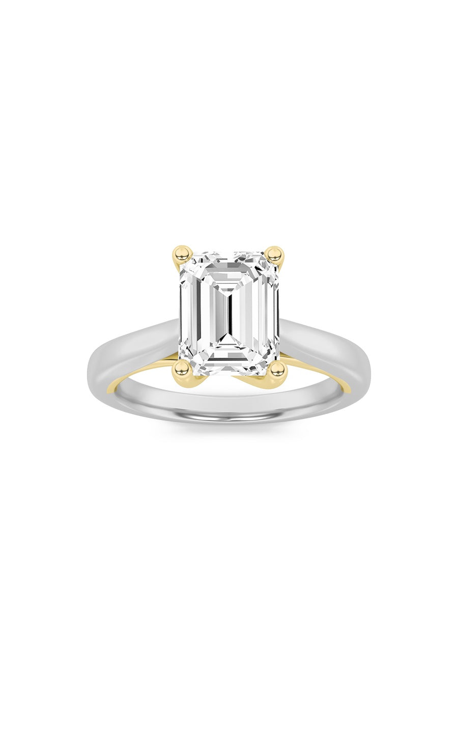 3Cttw Emerald Shaped Lab Grown Diamond (F/VS) TwoTone Cathedral Shank Engagement Ring in 14K Gold