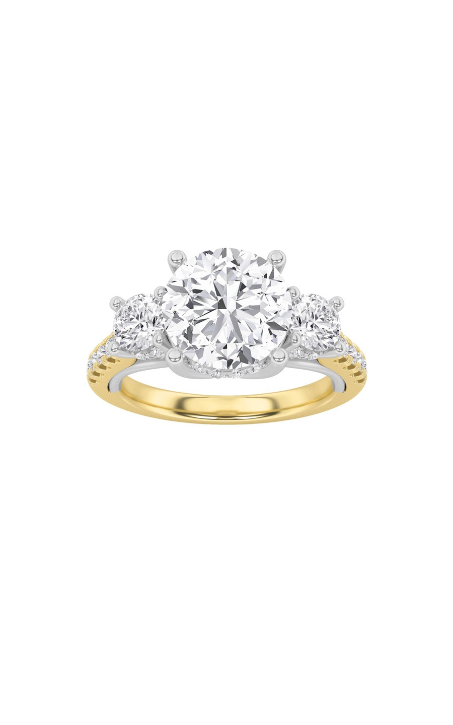 3Cttw Round Shaped Lab Grown Diamond (F/VS) Accented Three Stone Ring in 14K Gold