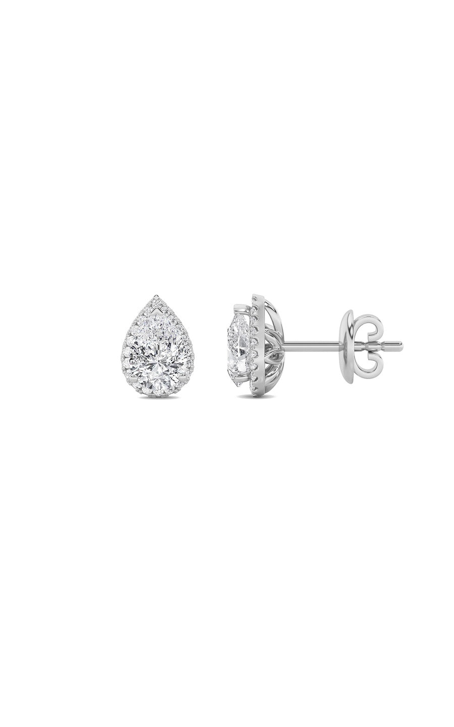 2CTW Pear Shaped Lab Grown Diamond (F/VS) Halo Stud Earrings in 14K Gold