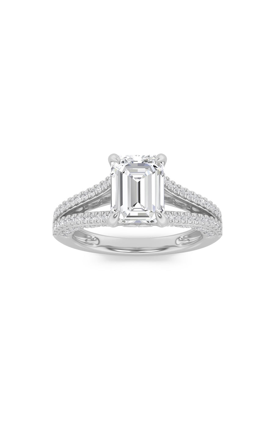 2CTW Emerald Shaped Lab Grown Diamond (G/VS) Split Shank Accented Engagement Ring in 14K Gold