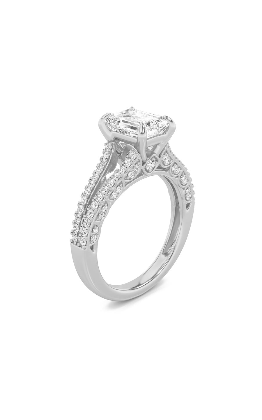 2CTW Emerald Shaped Lab Grown Diamond (G/VS) Split Shank Accented Engagement Ring in 14K Gold